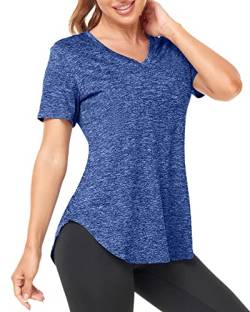 Deaviya Sport T-Shirt Damen, Fitness Sport Shirt Kurzarm Oberteile, V-Ausschnitt Laufshirt für Frauen, Workout, Gym Yoga Shirt Damen (DE/NL/SE/PL, Alphanumerisch, 3XL, Regular, Regular, Dunkelblau) von Deaviya