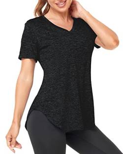 Deaviya Sport T-Shirt Damen, Fitness Sport Shirt Kurzarm Oberteile, V-Ausschnitt Laufshirt für Frauen, Workout, Gym Yoga Shirt Damen (DE/NL/SE/PL, Alphanumerisch, 3XL, Regular, Regular, Schwarz) von Deaviya