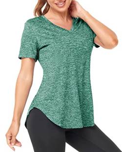 Deaviya Sport T-Shirt Damen, Fitness Sport Shirt Kurzarm Oberteile, V-Ausschnitt Laufshirt für Frauen, Workout, Gym Yoga Shirt Damen (DE/NL/SE/PL, Alphanumerisch, L, Regular, Regular, Grün) von Deaviya