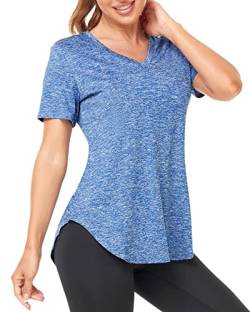 Deaviya Sport T-Shirt Damen, Fitness Sport Shirt Kurzarm Oberteile, V-Ausschnitt Laufshirt für Frauen, Workout, Gym Yoga Shirt Damen (DE/NL/SE/PL, Alphanumerisch, M, Regular, Regular, Blau) von Deaviya