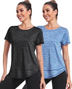 Deaviya Sport T-Shirt Damen, Kurzarmshirt Frauen, Workout Tops Rundhalsausschnitt Athletisch Lässig Laufen Yoga Fitness T-Shirts Locker (DE/NL/SE/PL, Alphanumerisch, 3XL, 2PCS Schwarz+Blau) von Deaviya