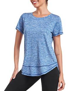 Deaviya Sport T-Shirt Damen, Kurzarmshirt Frauen, Workout Tops Rundhalsausschnitt Athletisch Lässig Laufen Yoga Fitness T-Shirts Locker (DE/NL/SE/PL, Alphanumerisch, 3XL, Blau) von Deaviya