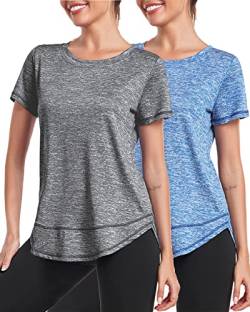 Deaviya Sport T-Shirt Damen, Kurzarmshirt Frauen, Workout Tops Rundhalsausschnitt Athletisch Lässig Laufen Yoga Fitness T-Shirts Locker (DE/NL/SE/PL, Alphanumerisch, 3XL, Grau+Blau) von Deaviya