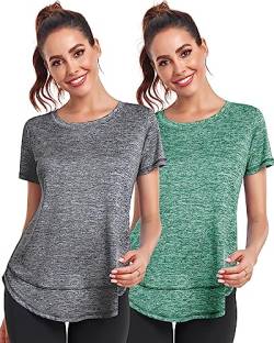 Deaviya Sport T-Shirt Damen, Kurzarmshirt Frauen, Workout Tops Rundhalsausschnitt Athletisch Lässig Laufen Yoga Fitness T-Shirts Locker (DE/NL/SE/PL, Alphanumerisch, 3XL, Grau+Grün) von Deaviya