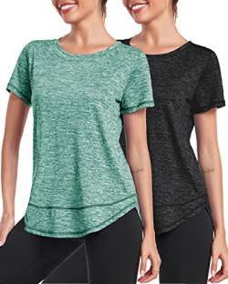 Deaviya Sport T-Shirt Damen, Kurzarmshirt Frauen, Workout Tops Rundhalsausschnitt Athletisch Lässig Laufen Yoga Fitness T-Shirts Locker (DE/NL/SE/PL, Alphanumerisch, 3XL, Schwarz+Grün) von Deaviya