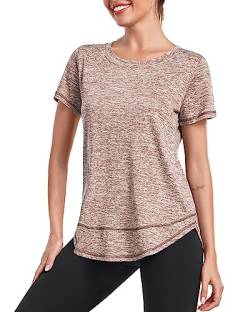 Deaviya Sport T-Shirt Damen, Kurzarmshirt Frauen, Workout Tops Rundhalsausschnitt Athletisch Lässig Laufen Yoga Fitness T-Shirts Locker (DE/NL/SE/PL, Alphanumerisch, L, Braun) von Deaviya