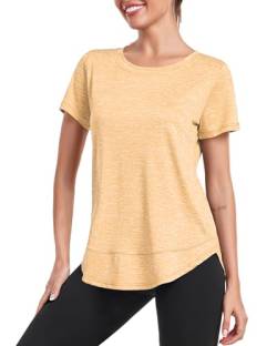 Deaviya Sport T-Shirt Damen, Kurzarmshirt Frauen, Workout Tops Rundhalsausschnitt Athletisch Lässig Laufen Yoga Fitness T-Shirts Locker (DE/NL/SE/PL, Alphanumerisch, L, Gelb) von Deaviya