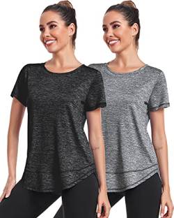 Deaviya Sport T-Shirt Damen, Kurzarmshirt Frauen, Workout Tops Rundhalsausschnitt Athletisch Lässig Laufen Yoga Fitness T-Shirts Locker (DE/NL/SE/PL, Alphanumerisch, L, Schwarz+Grau) von Deaviya