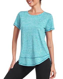 Deaviya Sport T-Shirt Damen, Kurzarmshirt Frauen, Workout Tops Rundhalsausschnitt Athletisch Lässig Laufen Yoga Fitness T-Shirts Locker (DE/NL/SE/PL, Alphanumerisch, M, Blaugrün) von Deaviya