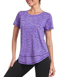 Deaviya Sport T-Shirt Damen, Kurzarmshirt Frauen, Workout Tops Rundhalsausschnitt Athletisch Lässig Laufen Yoga Fitness T-Shirts Locker (DE/NL/SE/PL, Alphanumerisch, XXL, Lila) von Deaviya