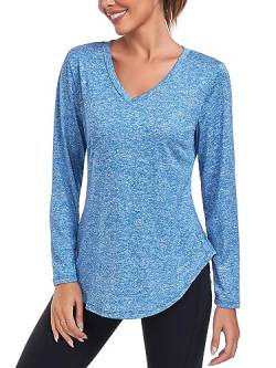 Deaviya Sportshirt Langarm Damen, Laufshirt Langarm, Langarmshirt Fitness Oberteil, V-Ausschnitt Workout Longsleeve Tshirts (DE/NL/SE/PL, Alphanumerisch, L, Regular, Regular, Blau) von Deaviya