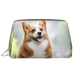 Debou Corgi Make-up-Tasche mit Hund läuft auf der Eisenbahn, große Kapazität, Leder, wasserdicht, Make-up-Tasche, tragbare Reise-Kosmetiktasche, Make-up-Organizer-Tasche für Frauen, Weiß, von Debou