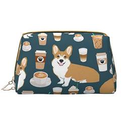 Debou Cute Corgi Pet and Milk Tea Makeup Bag Large Capacity Leather Waterproof Make Up Bag Portable Travel Cosmetic Bag Makeup Organizer Bag for Women, White, One Size, weiß, Einheitsgröße von Debou