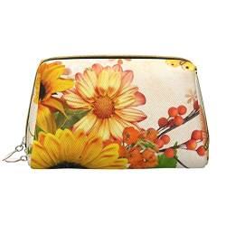 Debou Niedliche Make-up-Tasche mit Sonnenblume und Schmetterling, großes Fassungsvermögen, Leder, wasserdicht, Make-up-Tasche, tragbare Reise-Kosmetiktasche, Make-up-Organizer-Tasche für Frauen, Weiß, von Debou