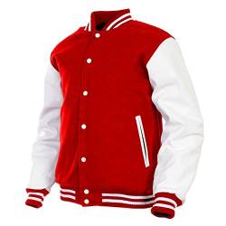 Herren-Varsity-Jacke, Echtlederärmel und Wollmischung, Letterman, Jungen, College-Jacke, Größe XS-5XL, Rot (AR-2), XL von Deckra