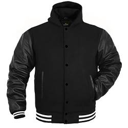 Herren Varsity Jacke Echtes Leder Ärmel und Wollmischung Letterman Jungen College Varsity Jacken XS-5XL, Schwarz+schwarz.h (weiße Linie), XXL von Deckra