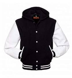 Herren Varsity Jacke Hoodie Rindsleder Arme und Wolle Letterman College Top Coat - Schwarz - 4X-Large von Deckra