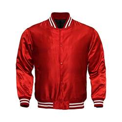 Herren Varsity Jacke Satin Polyester Retro Reißverschluss Casual Jacken, rot, Large von Deckra