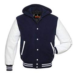 Herren Varsity Jacke mit Kapuze aus Rindsleder und Wolle Letterman College Top Coat (Marineblau, Medium) von Deckra