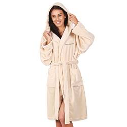 DecoKing Bademantel Personalisiert mit Namen mit Kapuze M Morgenmantel kurz Damen Herren Unisex weich leicht Mikrofaser Fleece Robby Beige von DecoKing