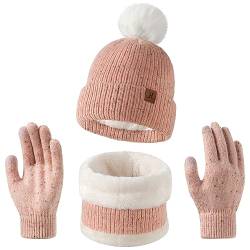 3 In 1 Winter Kinder Mütze Schal Handschuhe Set mit Fleece - Wintermütze Jungen Mädchen mit Bommel,Loop Schal Kinder und Touchscreen Handschuhen für Jungen Mädchen 5-8 Jahre (Rosa,Einheitsgröße) von Decorie