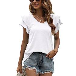 Decorie Bluse Damen Sommer Damenblusen Kurzarm Oberteil Damen Elegant Tshirt Leicht Sommerblusen Casual Blusenshirt Tunika (A-Weiß,XXL) von Decorie