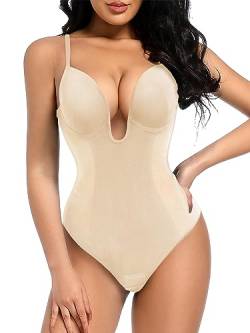 Decorus Damen Tiefer Rücken Shapewear Bauchkontrolle Tiefer V-Ausschnitt Rückenfrei Body Shaper Plunge Thong Braut Bodysuit Eingebauter BH, Beige, L von Decorus