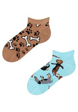 Dedoles Sneaker Socken Low Cut Füßlinge Kinder Mädchen Jungen Baumwolle lustiges Design Geschenk links rechts verschieden, 1 Paar, Farbe Blau, Motiv Dachshund sneaker, Gr. 27-30 von Dedoles