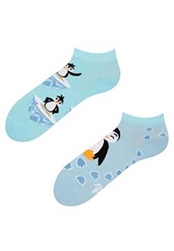 Dedoles Sneaker Socken Low Cut Füßlinge Unisex Damen Herren Baumwolle lustiges Design Geschenk links rechts verschieden, Farbe Blau, Motiv Fröhlicher Pinguin Knöchelsocken, Gr. 35-38 von Dedoles