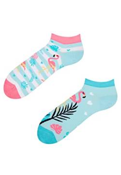 Dedoles Sneaker Socken Low Cut Füßlinge Unisex Damen Herren Baumwolle lustiges Design Geschenk links rechts verschieden, Farbe Blau, Motiv Liebes-Flamingos Knöchelsocken, Gr. 35-38 von Dedoles