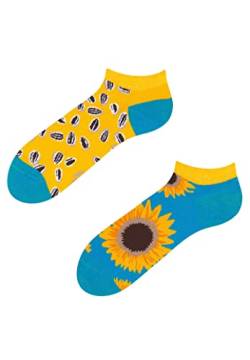 Dedoles Sneaker Socken Low Cut Füßlinge Unisex Damen Herren Baumwolle lustiges Design Geschenk links rechts verschieden, Farbe Gelb, Motiv Sonnenblume Knöchelsocken, Gr. 35-38 von Dedoles