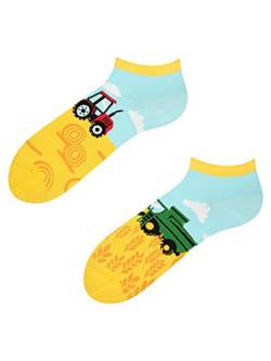 Dedoles Sneaker Socken Low Cut Füßlinge Unisex Damen Herren Baumwolle lustiges Design Geschenk links rechts verschieden, Farbe Gelb, Motiv Traktor, Gr. 35-38 von Dedoles