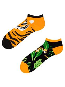 Dedoles Sneaker Socken Low Cut Füßlinge Unisex Damen Herren Baumwolle lustiges Design Geschenk links rechts verschieden, Farbe Orange, Motiv Dschungeltiger, Gr. 39-42 von Dedoles