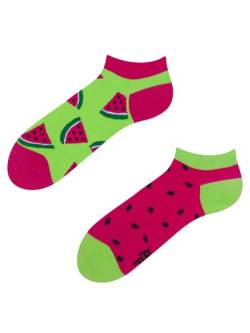 Dedoles Sneaker Socken Low Cut Füßlinge Unisex Damen Herren Baumwolle lustiges Design Geschenk links rechts verschieden, Farbe Rosa, Motiv Wassermelone Knöchelsocken, Gr. 35-38 von Dedoles