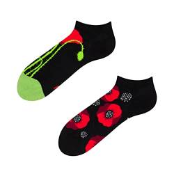 Dedoles Sneaker Socken Low Cut Füßlinge Unisex Damen Herren Baumwolle lustiges Design Geschenk links rechts verschieden, Farbe Schwarz, Motiv Mohnblume Knöchelsocken, Gr. 39-42 von Dedoles