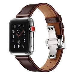 Dee Plus Echtes Leder Armband Compatible für Apple Watch Uhrenarmband 38mm 42mm 45mm Ölpalme Lederband Butterfly Stahlschnalle Sport Kompatibel iwatch Series 1/2/3/4/5/6/7/8/SE,Mit Displayschutzfolie von Dee Plus