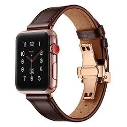 Dee Plus Echtes Leder Armband Compatible für Apple Watch Uhrenarmband 38mm 42mm 45mm Ölpalme Lederband Butterfly Stahlschnalle Sport Kompatibel iwatch Series 1/2/3/4/5/6/7/8/SE,Mit Displayschutzfolie von Dee Plus