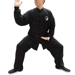 Dee Plus Kampfkunst Tai Chi Anzüge | Unisex Kung Fu Uniform Set | Traditionelle Chinesisch Kostüm Lange Ärmel aus Baumwolle für Qigong Wing Chun Shaolin Wushu Training Jacke Hose Herren Damen Schwarz von Dee Plus