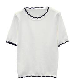 Damen-Sommer-Strickpullover, dünner Kurzarm-Pullover, Basic-T-Shirt-Oberteile White L von Deepsko