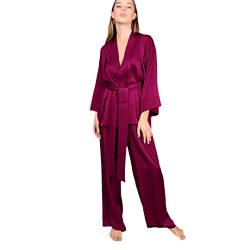 Deepsko Damen-Pyjama-Set, Seide, einfarbig, kragenlos, langer Pyjama, Cardigan, Krawatte, Pyjama, 5, 38 von Deepsko