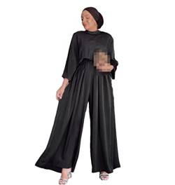 Muslimisches Damen-Set, einfarbig, Satin-Oberteil und lockere Hose mit weitem Bein, zweiteiliges Set, Schwarz , X-Large von Deepsko
