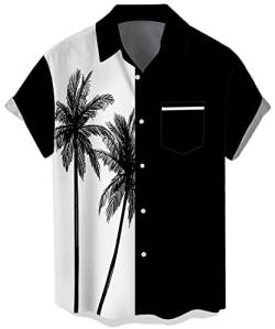 Deer Lady Hawaii-Bowling-Shirts für Herren, kurzärmelig, Button-Down-Shirt, lässige Strand-Sommer-Shirts, 01 Bowlingbaum Blacknew, L von Deer Lady
