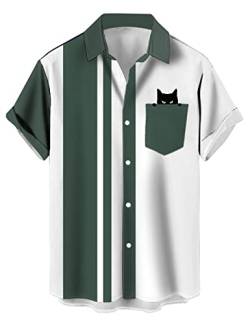 Deer Lady Hawaii-Bowling-Shirts für Herren, kurzärmelig, Button-Down-Shirt, lässige Strand-Sommer-Shirts, Bowling-Green Black Cat, XL von Deer Lady