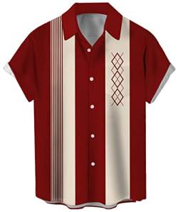 Deer Lady Herren Bowlinghemd 1950er Retro Print Hawaiihemden Kurzarm Casual Button Down Shirt Beach Shirts, Bowling Red Diamond, L von Deer Lady