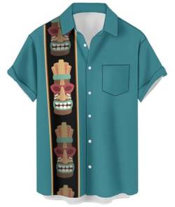 Deer Lady Herren Bowlinghemd 1950er Retro Print Hawaiihemden Kurzarm Casual Button Down Shirt Beach Shirts, Grüne Maske, Mittel von Deer Lady