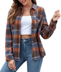 Deer Lady Karierte Flanellhemden für Damen, Büffelhemden, kariert, übergroß, langärmelig, lässig, Button-Down-Bluse, Orange Blau, X-Groß von Deer Lady