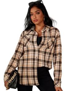 Deer Lady Karierte Flanellhemden für Damen, Büffelkarierte Hemden, übergroß, langärmelig, lässig, Button-Down-Bluse, Top, Apricot Black, X-Groß von Deer Lady