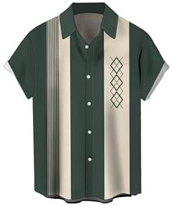 Herren-Bowling-Shirt, langärmelig, Vintage-Druck, Camping-Shirt, lässiges Button-Down-Shirt, Ss-Green Diamond, Mittel von Deer Lady