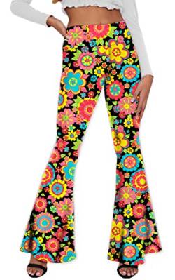 Damen Hippie Flare Hose Retro Kostüm Yoga Hose 60er Jahre Groovy Long Floral Bell Bottoms XL von Deerose