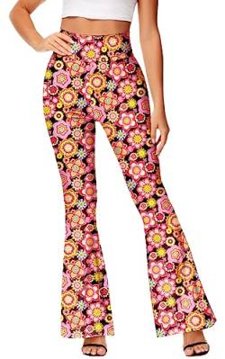 Deerose Damen High Waist Stretch Bell Bottom Slim Fit Flare Leg Hippie Pants, Floral Black, M von Deerose